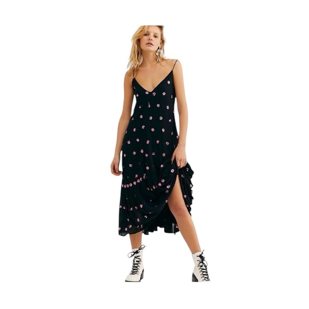 NWT Free People Milky Way Sequin Maxi Dress Black Pink Ruffle Size XS